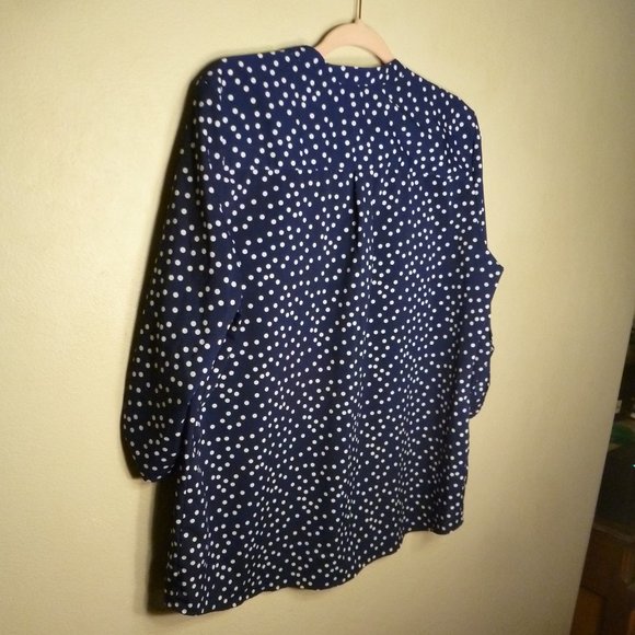 Notations blue white polka dot tab sleeve button notch neck tunic blouse L XL - Picture 4 of 5